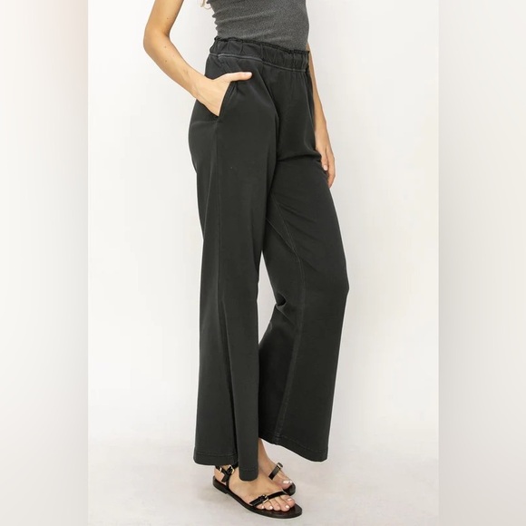 247B-BLACK. Elastic Waist High Rise Flared Pant - Picture 2 of 2